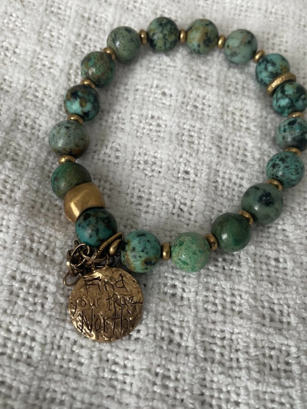Beaded Bracelet African Turquoise Green Stones & Gold Charm 8 in
